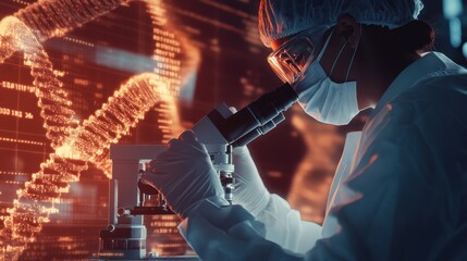 Poster - Scientist in a laboratory analyzing DNA samples under a microscope, with futuristic data overlays highlighting genetic sequences Close-up photo with clean background