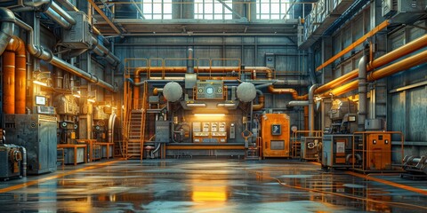 Aufkleber - Modern industrial hall with advanced machinery and equipment, representing state-of-the-art technology and innovation in manufacturing and engineering environments.