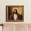 © Aleksandra - A framed painting of Jesus in an ornate golden frame hanging on the wall of a modern living room The background features soft beige walls minimalist furniture and a large window letting in natural lig