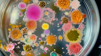 Poster - Various colorful microorganisms grow in a petri dish, showcasing their vibrant forms in a laboratory setting illuminated by artificial light.