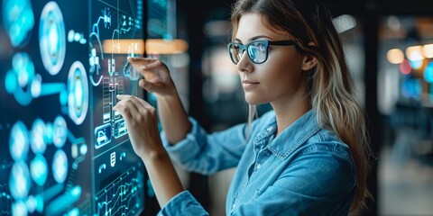 Leinwandbilder - Professional woman analyzing data on a digital display, highlighting the integration of technology in business and research for advanced information analysis and decision-making.