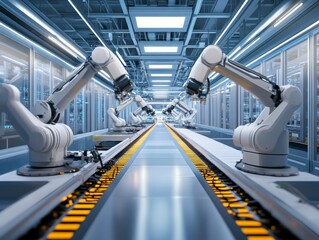 Wall Mural - A fully automated production line is in operation, with robots assembling consumer devices like smartphones. The environment is bright and minimalistic