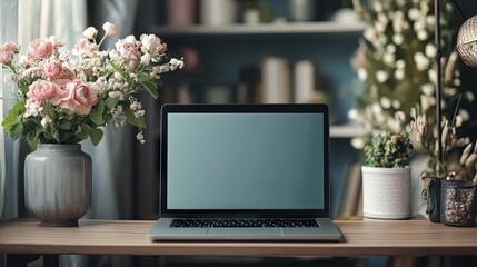 Canvas Print - Laptop on a desk with artistic decorations, blank area for text