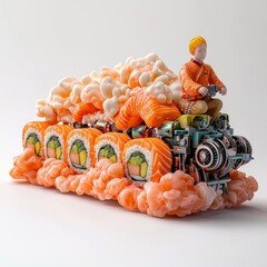 Wall Mural - a sushi man, a salmon sashimi, sushi rolls, with a surreal engine mechanism