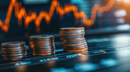 Poster - Stacked coins and a graph displaying market trends, symbolizing financial growth and stability Close-up photo with clean background