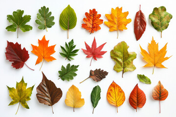 A vibrant collection of mixed foliage in a variety of shapes and colors, including maple, oak, and birch leaves, arranged in a pleasing pattern against a white background