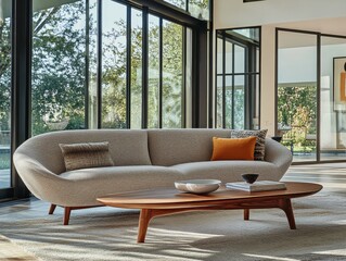 Wall Mural - This stylish living room features a soft grey mid-century modern sofa and a sleek walnut coffee table. Floor-to-ceiling windows create an airy atmosphere filled with sunlight