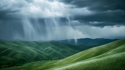 Wall Mural - rainstorm rolling over green hills, with dark clouds and streaks of rain in the distance