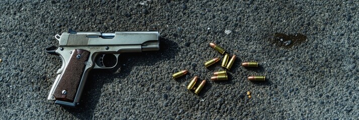 Crime scene investigation, Pistol and bullet shells against the crime marker on the ground