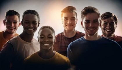 A diverse group of young men smiling and standing close together, showcasing friendship, unity, and positive energy.