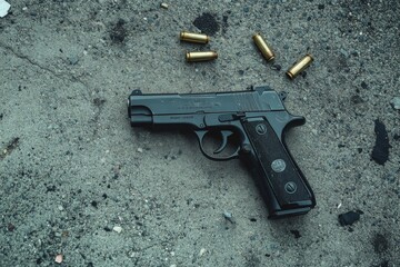 Crime scene investigation, Pistol and bullet shells against the crime marker on the ground