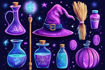 Magical potions, witchcraft ingredients, and mystical items background