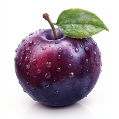 Juicy Plum Perfection: A ripe, purple plum glistens with freshness, adorned with a single, vibrant green leaf. 