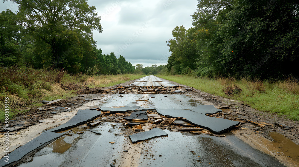 rural road washed out by a flash flood, with broken asphalt and debris ...