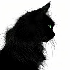 Black cat silhouette with arched back, piercing green eyes, fur texture visible, isolated on a white background.