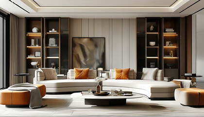 Modern luxury living room design with elegant and comfortable furniture, full functionality, and a cozy lifestyle.