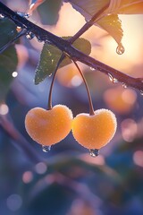 Wall Mural - Two heart-shaped yellow cherries hanging from a branch with raindrops on a sunny day.