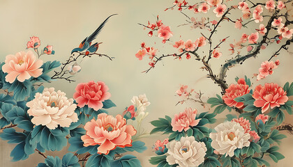 Wall Mural - Blooming traditional flower-and-bird painting, incorporating national trend elements, displays new Chinese style charm.