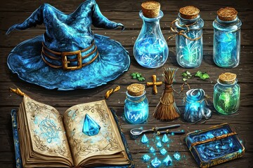 Magical witch's hat and potion bottles with spell book on wooden table