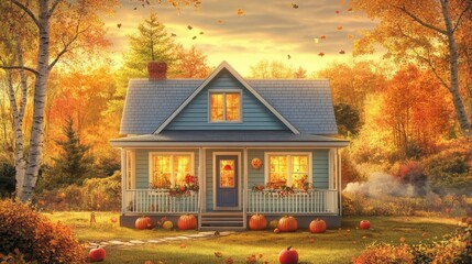 Poster - A small, blue, one-story house with a porch and windows glowing with warm light sits on a grassy lawn, surrounded by trees with fall foliage and pumpkins.
