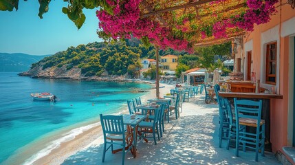 Poster - Picturesque greek tavern overlooking tranquil turquoise sea on a sunny day