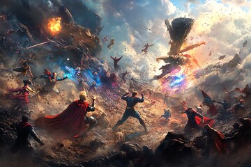 An epic wide-angle shot capturing a battle between superheroes and villains in a fantastical landscape