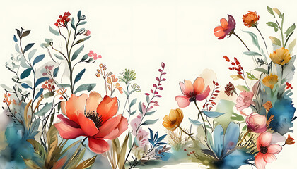 Canvas Print - Romantic watercolor flowers, hand-drawn art style, fusion of natural and decorative elements.