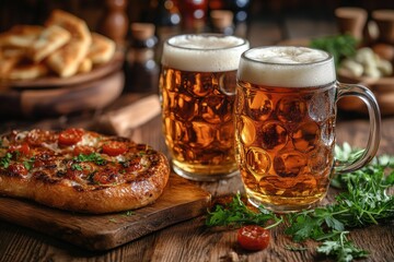 Two glasses of beer resting on table with freshly baked pizza bread