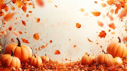 Vibrant orange pumpkins resting on autumn leaves with falling leaves