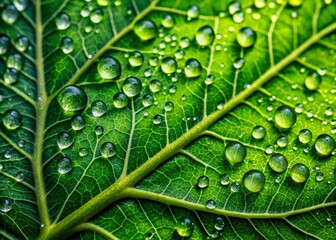 Wall Mural - Vibrant green leaf with intricate veins showcases delicate water droplets glistening like diamonds, evoking a sense of serenity and freshness on a summer day.