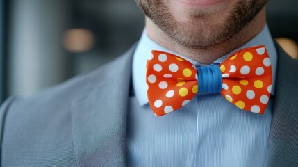 Sticker - A man wearing a blue suit with orange and white polka dot bow tie, AI