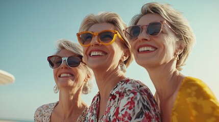 Wall Mural - Portrait of happy middle aged female friends enjoying