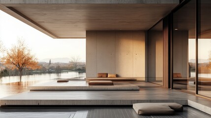 Wall Mural - Modern minimalist home overlooking water at sunset featuring infinity pool