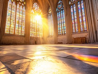 Wall Mural - Soft golden light floods the cathedral, illuminating the intricately patterned stained glass. The reflections on the stone floor inspire a profound sense of reverence and serenity