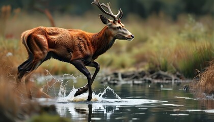 Wall Mural - Red deer hind gracefully crossing a tranquil pond