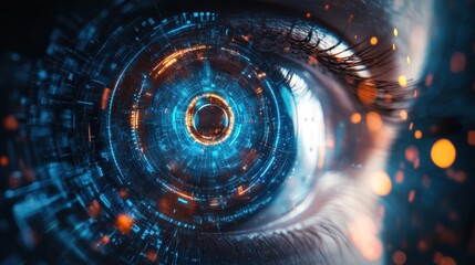 A futuristic eye scanning digital information with glowing circles and data symbols hovering around the iris in a high-tech security concept