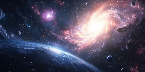 A planet orbiting a swirling galaxy with multiple moons and stars