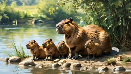 Wall Mural - Capybara mother and her playful pups lounging on the serene riverbank