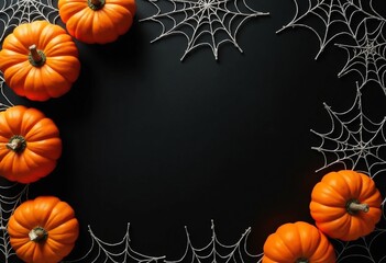 Sticker - Pumpkins with spider web on black background. Happy Halloween and Thanksgiving Day decoration. Template for design greeting card, banner, poster, invitation with copy space