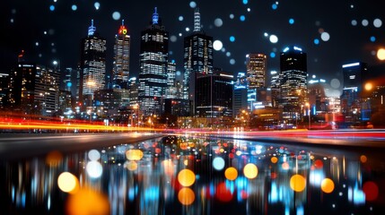 Stunning night skyline with reflections, illuminated skyscrapers, and vibrant bokeh effects creating a dreamy atmosphere.