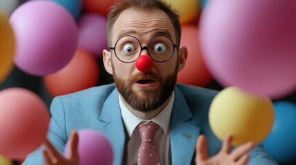 Poster - A man with a clown nose and red balloon on his face, AI