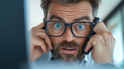 Canvas Print - A man with glasses and a beard talking on the phone, AI