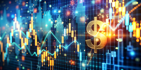 Poster - Financial Growth & Opportunity: An abstract representation of economic prosperity with a golden dollar sign rising above a dynamic stock market chart, symbolizing growth, investment, and financial suc