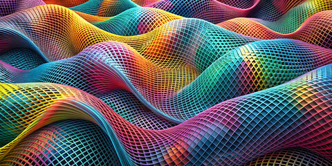 Wall Mural - Abstract Colorful Grid Waves: A mesmerizing abstract background with a vibrant mesh pattern, creating a dynamic and eye-catching visual. The colorful grid forms undulating waves, evoking a sense of mo