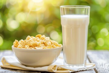 Bowl of cereal flakes with a glass of fresh milk, representing a healthy and nutritious breakfast option to start the day with wholesome grains and dairy.