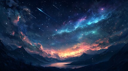 a magical night sky with a meteor shower streaking through the stars, the northern lights illuminati