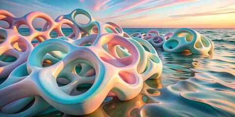 Wall Mural - Abstract Seascape: Dreamlike, pastel-hued, abstract sculptures rise from the ocean's edge, reflecting the soft glow of a breathtaking sunset.  A mesmerizing composition that evokes serenity and wonder