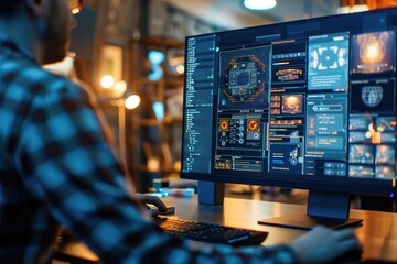 Poster - Male game designer working on futuristic UI