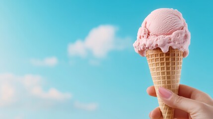 Poster - A hand holding an ice cream cone with pink and white swirls, AI