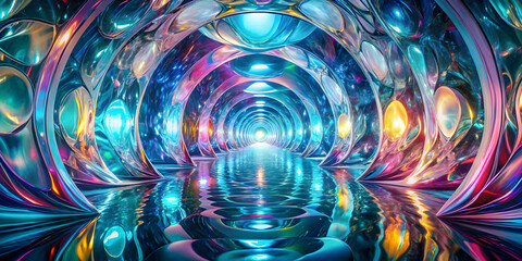 Wall Mural - Chromatic Infinity: A mesmerizing 3D illustration of a futuristic tunnel, adorned with iridescent orbs, leading to a radiant vanishing point. The reflective surfaces and vibrant hues create a hypnotic